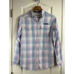 Columbia Women's PFG Super Bonehead Button Down Shirt Pink Blue Plaid Size XS